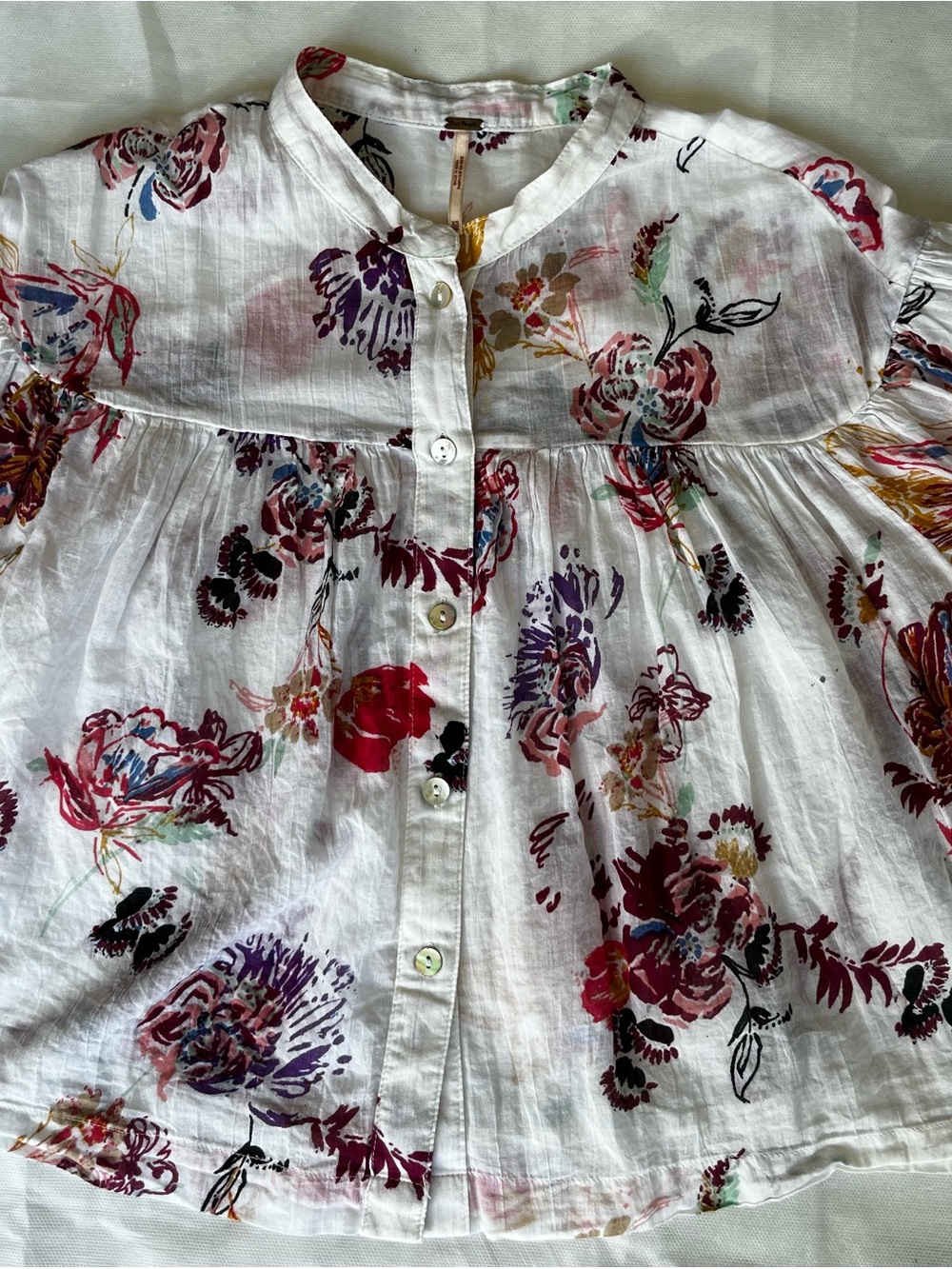 Free People White Floral Button-Front Blouse with Multicolor Blooms 100% Cotton